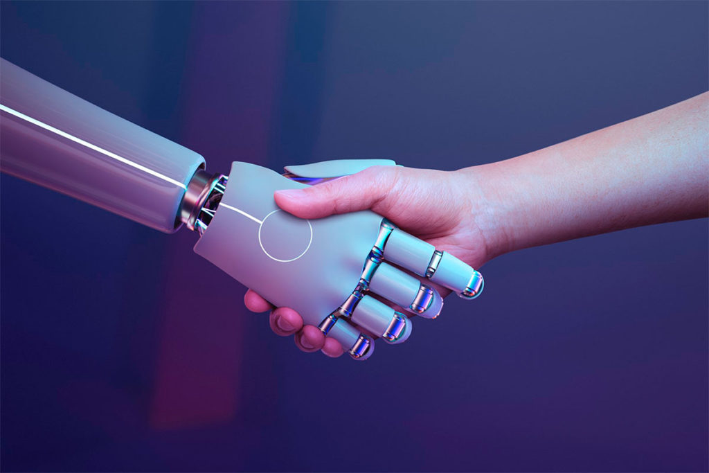 Inteligência artificial apertando a mão de um humano